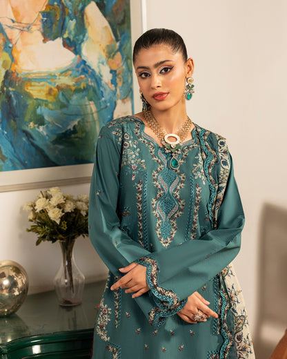 Teal Stitched 3 Piece Embroidered Lawn Suit - Munaaz Boutique