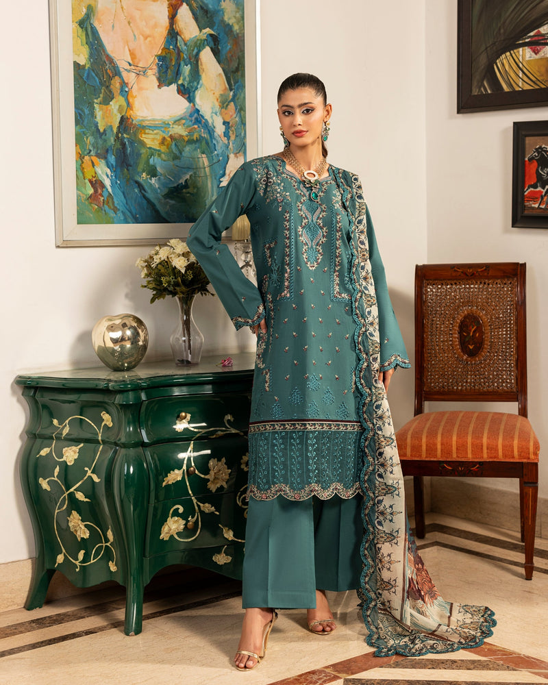 Teal Stitched 3 Piece Embroidered Lawn Suit - Munaaz Boutique