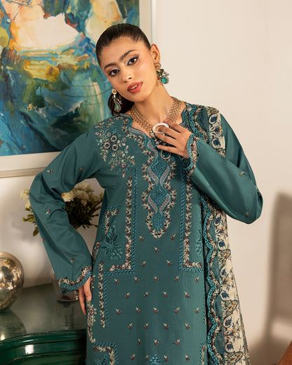 Teal Stitched 3 Piece Embroidered Lawn Suit - Munaaz Boutique