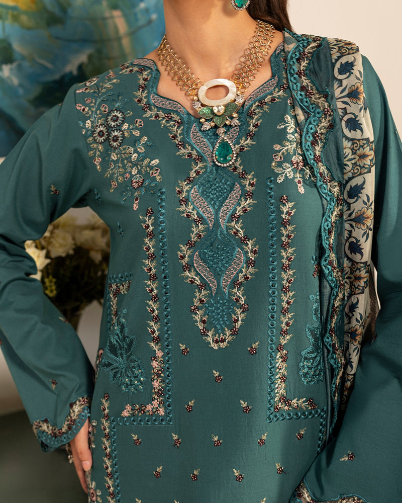 Teal Stitched 3 Piece Embroidered Lawn Suit - Munaaz Boutique
