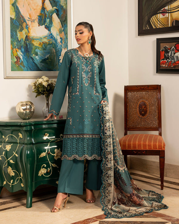 Teal Stitched 3 Piece Embroidered Lawn Suit - Munaaz Boutique