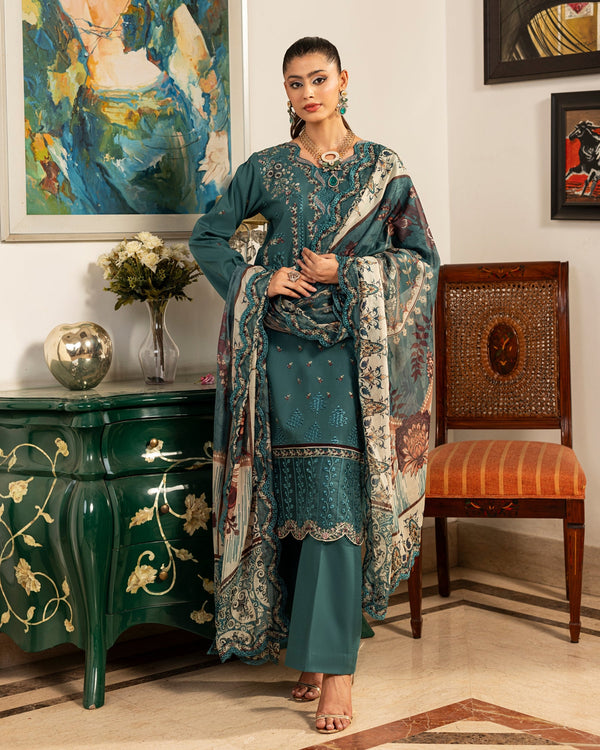 Teal Stitched 3 Piece Embroidered Lawn Suit - Munaaz Boutique