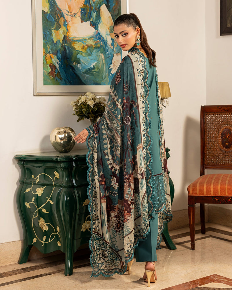 Teal Stitched 3 Piece Embroidered Lawn Suit - Munaaz Boutique