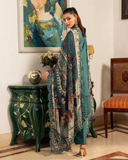 Teal Stitched 3 Piece Embroidered Lawn Suit - Munaaz Boutique