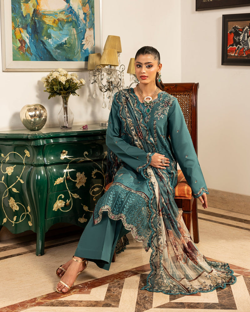 Teal Stitched 3 Piece Embroidered Lawn Suit - Munaaz Boutique